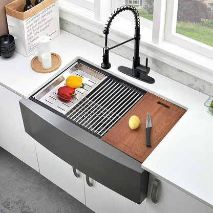 33 Inch Black Stainless Steel Farmhouse Sink Workstation-Bokaiya 33x22 Inch Apron Front Farmhouse Kitchen Sink 16 Gauge 10" Deep Single Bowl Farm Sink with Cutting Board