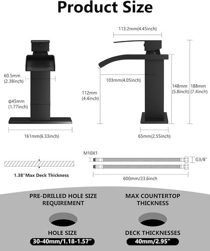 Waterfall Bathroom Faucet 1 Hole, Single Hole Bathroom Faucet, Single Handle Vanity Sink Faucet with Deck Plate, Pop-up Drain & Supply Lines, Matte Black
