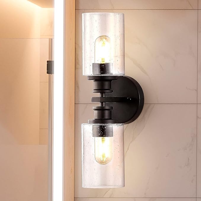 JONATHAN Y 16.5" Oil Rubbed Bronze 2-Light LED Wall Sconce, Modern Farmhouse Vanity Light with Seeded Glass Shade, Industrial Iron Fixture for Bathroom Mirror, LED Bulbs Included (JYL7577B)