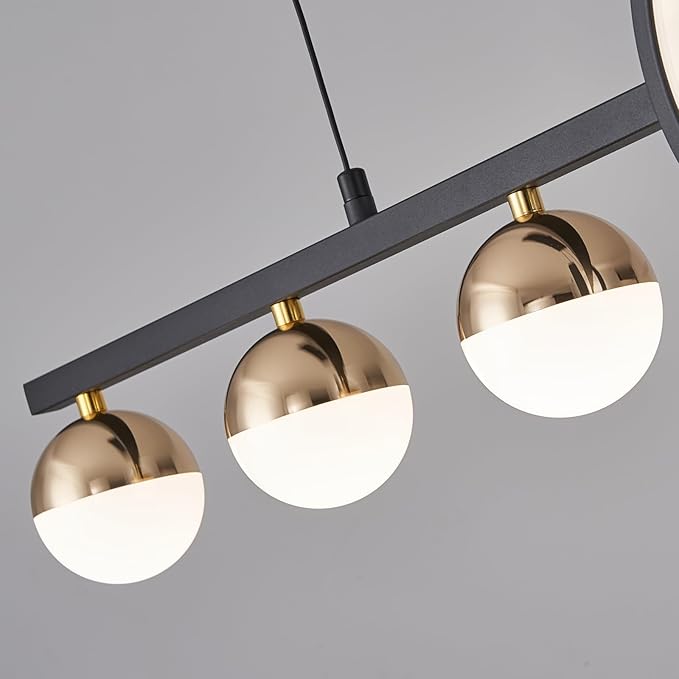 ORANOOR Modern Black Gold Chandeliers for Dining Room, Dimmable LED Chandelier Linear Pendant Light for Kitchen Island, 39in Globe Haning Pendant Chandelier Lighitng with Remote (2 Rings, 3000lm)