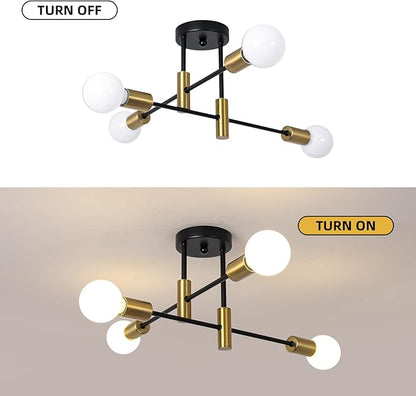 Garwarm Semi Flush Mount Ceiling Light Fixture,4-Light Gold and Black Modern Sputnik Chandelier, mid Century Light Fixture for Kitchen Dining Room Bedroom Foyer Entryway Hallway Closet