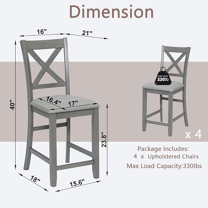 Set of 4 Dining Chairs, Wooden Kitchen Chairs with Padded Cushion, Upholstered Stools for Kitchen Island, Dining Room, Living Room, Easy Assembly (Gray - X-Shaped backrest)