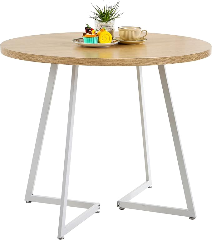 VECELO 35" Round Dining Table for 4, Wood-Grain Tabletop & Heavy-Duty Steel Frame, for Kitchen, Living Room, Easy Assembly, Natural & White
