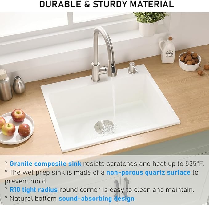 24 Drop in Kitchen Sink, 24x19 Inch Single Bowl White Granite Composite Quartz Topmount Outdoor Kitchen Sink RV Basin with Small Rubber Squeegee