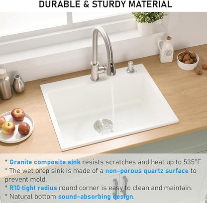 24 Drop in Kitchen Sink, 24x19 Inch Single Bowl White Granite Composite Quartz Topmount Outdoor Kitchen Sink RV Basin with Small Rubber Squeegee
