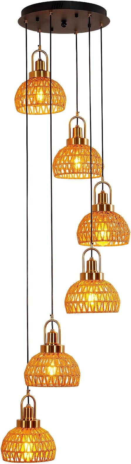 Modern Boho Gold Rattan Pendant Light 6-Lights Vintage Farmhouse Rattan Pendant Light Fixture Hand Woven Golden Bamboo Wicker Pendant Lights for Kitchen Stairwell, Entryway, Living Room
