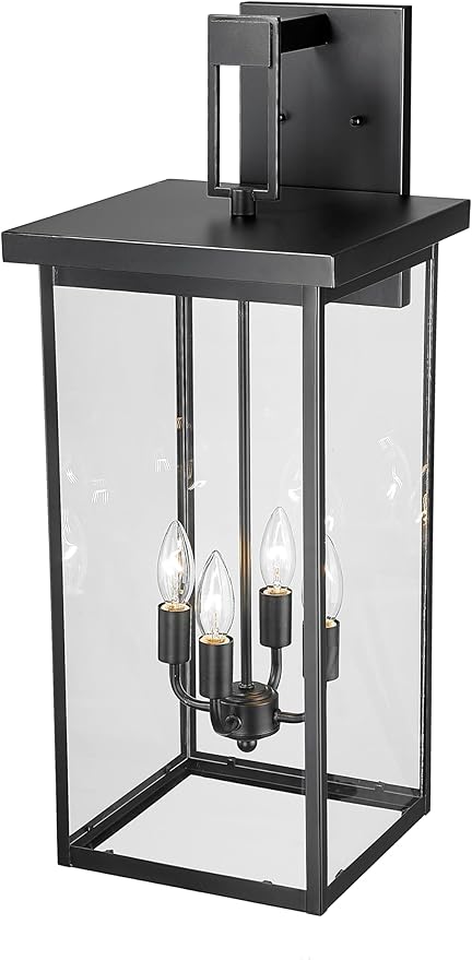 ML Lighting | Barkeley Collection | 42603-PBK | 27" Modern Four Bulb Outdoor Steel Large Wall Sconce | Anti-Rust Powder Coat Black with Clear Glass Shade | Exterior Ambient Light for Safety