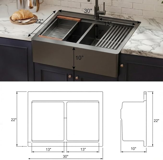 LQS Double Bowl Kitchen Sink, Undermount/Drop In Kitchen Sink, Double Bowl Stainless Steel Kitchen Sinks, 16 Gauge Stainless Steel Handmade Sinks (Black, 30" x 22" x 10")