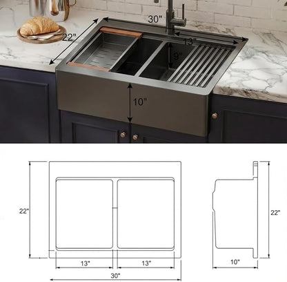 LQS Double Bowl Kitchen Sink, Undermount/Drop In Kitchen Sink, Double Bowl Stainless Steel Kitchen Sinks, 16 Gauge Stainless Steel Handmade Sinks (Black, 30" x 22" x 10")