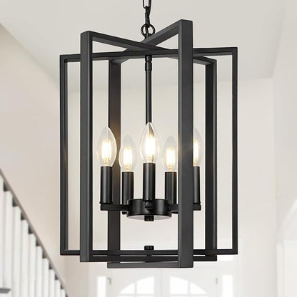 LynPon 12.4" Modern Black Chandelier, 5 Lights Farmhouse Chandelier Foyer Lighting Fixtures Rustic Hanging Pendant Light for Dining Room Kitchen Living Room Bedroom Hallway Stairway Entryway