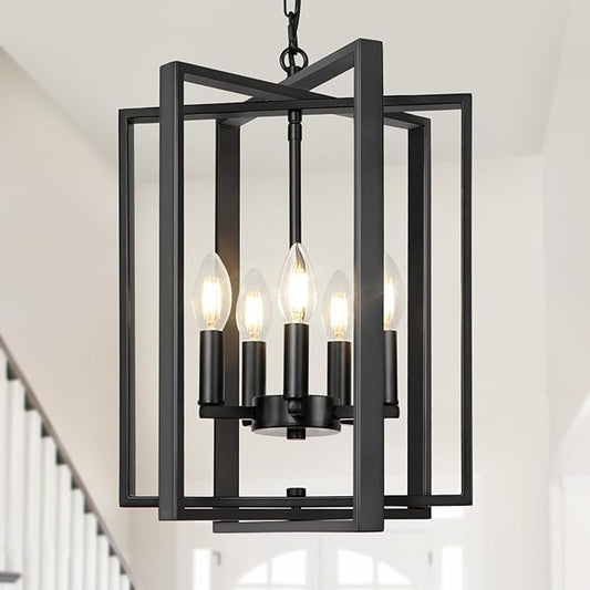 LynPon 12.4" Modern Black Chandelier, 5 Lights Farmhouse Chandelier Foyer Lighting Fixtures Rustic Hanging Pendant Light for Dining Room Kitchen Living Room Bedroom Hallway Stairway Entryway