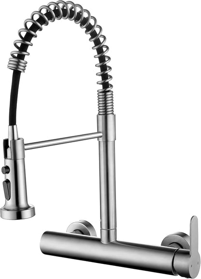 Wall Mount Faucet 8 Inches Center, with Pull Down Sprayer, High Arc Single Handle Spring Kitchen Sink Faucets, Grifos De Cocina, Brushed Nickel