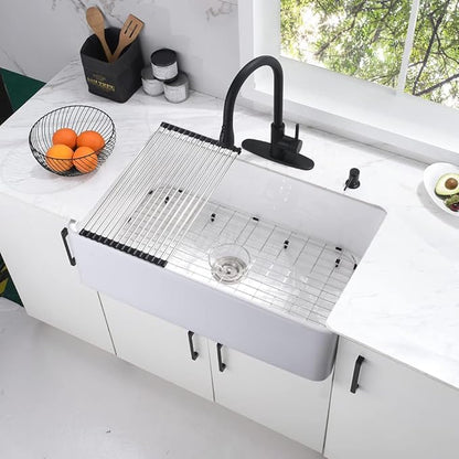 33 Inch Fireclay Farmhouse Sink White-Bokaiya 33x20 White Kitchen Sink Farm House Apron Front Porcelain Ceramic Deep Single Bowl Farm Sink with Dish Rack