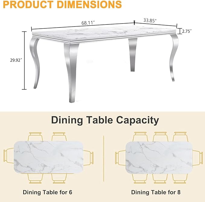 Modern Dining Table for 6-8, 68 Inch White Marble Kitchen Table with Silver Mirrored Cabriole Legs, Luxurious Rectangular Faux Marble Dining Room Table for Dining Room,Living Room(No Chairs)