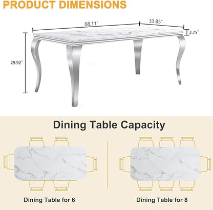 Modern Dining Table for 6-8, 68 Inch White Marble Kitchen Table with Silver Mirrored Cabriole Legs, Luxurious Rectangular Faux Marble Dining Room Table for Dining Room,Living Room(No Chairs)