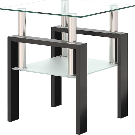 Glass End Table, Glass Side Table with Tempered Glass Top & Metal Legs, Living Room Table Modern Square Tea Table Side Tables 2-Layer for Living Room Bedroom