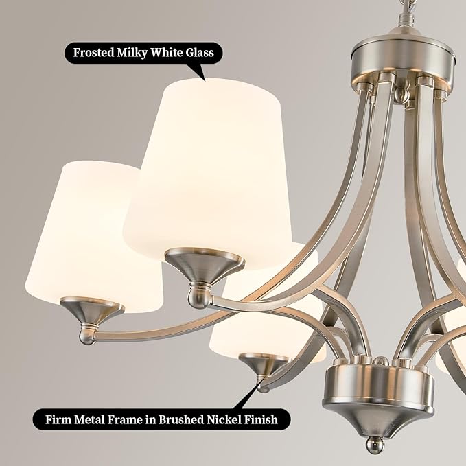 6-Light Brushed Nickel Chandeliers for Dining Room with Frosted Glass Farmhouse Silver Ceiling Hanging Lighting Fixtures Classic Pendant Lamp for Living Room,Dining Table,47.2 Height Adjustable