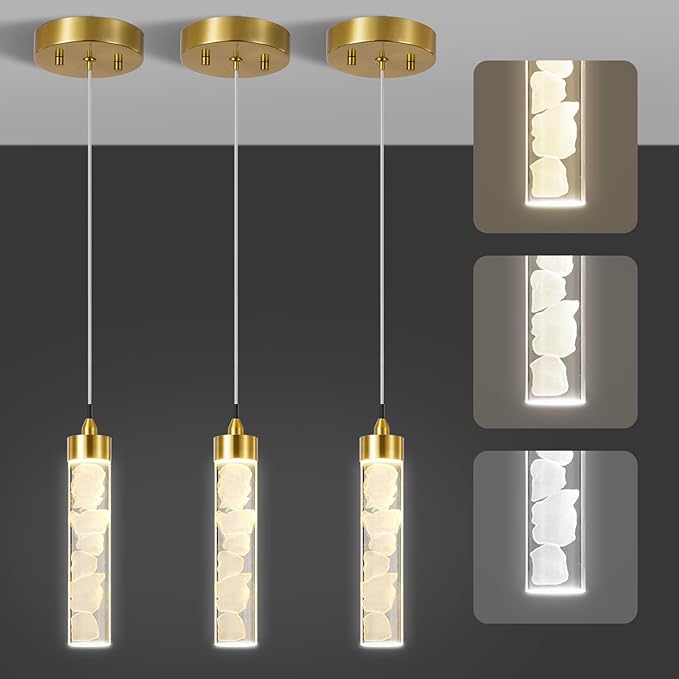 Pendant Lights Kitchen Island 3 Pack, Modern Mini Pendant Light Fixtures with Crystal Stone, Dimmable LED Chandelier, Gold Hanging Light Fixture for Dining Room Hallway, 3000-5000K Adjustable, ETL