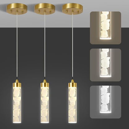 Pendant Lights Kitchen Island 3 Pack, Modern Mini Pendant Light Fixtures with Crystal Stone, Dimmable LED Chandelier, Gold Hanging Light Fixture for Dining Room Hallway, 3000-5000K Adjustable, ETL