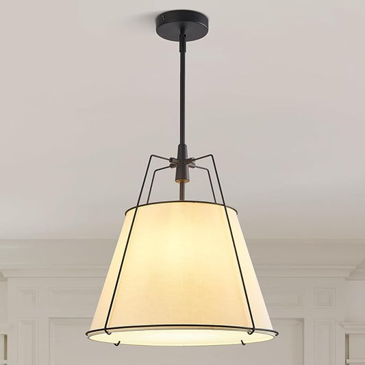 Modern Pendant Light Fixtures with 16" Off-White Linen Fabric Shade, Adjustable Hanging Light Fixture,3-Light Drum Black Vintage Chandelier for Kitchen Island Bedroom Dining Room Foyer