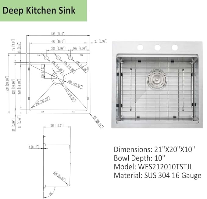 21 Inch Drop In Bar Sink Workstation-Wesliv 21x 20 Kitchen Sink Drop In 16 Gauge Stainless Steel Single Bowl Samll Kitchen Sink Outdoor Sink with Cutting Board,3 Holes Bar Sink