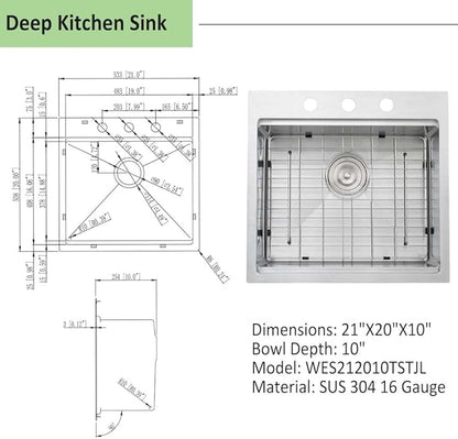 21 Inch Drop In Bar Sink Workstation-Wesliv 21x 20 Kitchen Sink Drop In 16 Gauge Stainless Steel Single Bowl Samll Kitchen Sink Outdoor Sink with Cutting Board,3 Holes Bar Sink