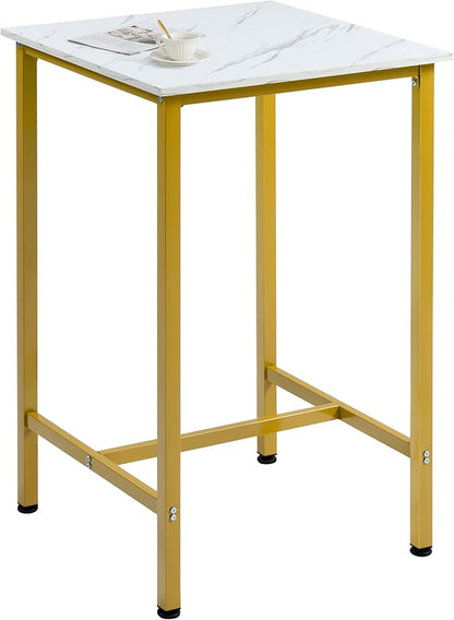 Finnhomy Bar Table, 23.6" Pub High Top, Square Bar Height, Counter Height Cocktail, Small Kitchen Set for 2, Breakfast for Kitchen, Living Room, White Marble and Gold