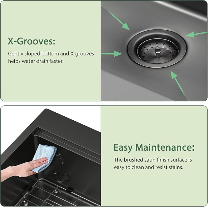 33x22 Black Drop In Kitchen Sink Workstation 16 Gauge Stainless Steel Single Bowl Drop Kitchen Sinks Nano PVD Gunmetal Black Handmade Large Deep Topmount Sinks, 33x22x9 Inch