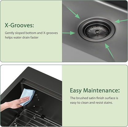 33x22 Black Drop In Kitchen Sink Workstation 16 Gauge Stainless Steel Single Bowl Drop Kitchen Sinks Nano PVD Gunmetal Black Handmade Large Deep Topmount Sinks, 33x22x9 Inch
