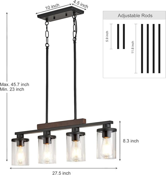 Kitchen Table Light Fixtures Over Island Ceiling Hanging,4-Light Rustic Wood Pendant Chandelier for Dining Room with with Glass Shade