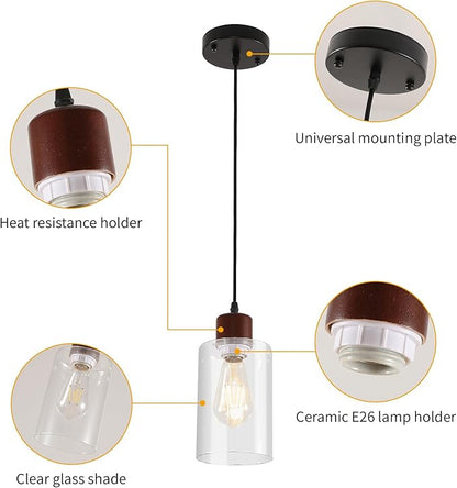 Modern Industrial Pendant Light, 3 Pack Mini Pendant Lighting with Clear Glass Shade, Adjustable Height, Rustic Wood Finish Ceiling Hanging Light Fixture for Kitchen Island Dining Room Bedroom