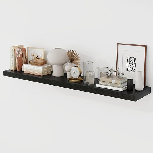 Acovy 48 Inch Floating Shelves, 9.3" Deep Floating Shelf Wall Mounted, 48" Wall Shelves, Rustic Deep Bookshelf, Large Display Shelves & Storage Shelves for Bedroom, Living Room, Black, Set of 1