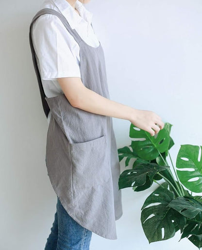 NEWGEM Japanese Cotton Linen Cross Back Cooking Apron for Women Men with Pockets Cute for Baking Kitchen