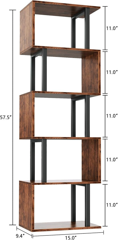 Furologee 6 Tier Bookshelf, Tall S Shaped Geometric Bookcase, Modern Display Shelf Standing Unit, Wood Metal Decorative Divider Rack for Living Room Bedroom Office, Rustic Brown | Tall, Bookcase, Display, Book Shelf, Decorative, Bookshelves