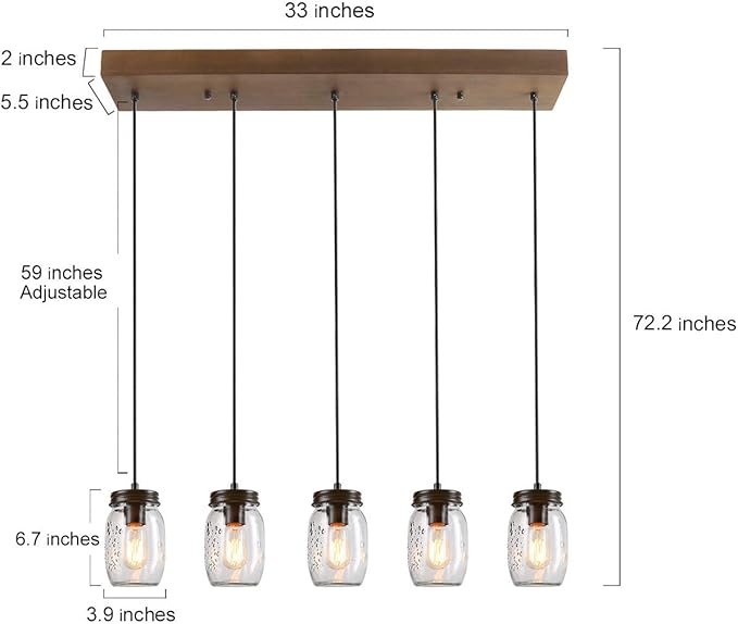 LNC Farmhouse Mason Jar Chandelier, 5-Light Adjustable Rustic Pendant Chandeliers Hanging Light Fixture for Kitchen Island and Dining Room Brown