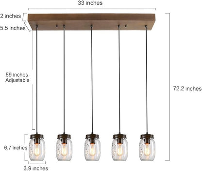 LNC Farmhouse Mason Jar Chandelier, 5-Light Adjustable Rustic Pendant Chandeliers Hanging Light Fixture for Kitchen Island and Dining Room Brown