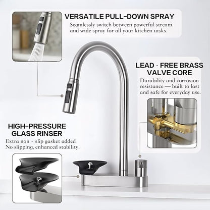 2-in-1 Kitchen Faucet with Pull Down Sprayer, 3 Spray Modes & Built-in Glass Rinser, Lead-Free Brass Single Handle, Brushed Nickel, Fits 1 or 3 Hole Sink, Suitable for Farmhouse Rv Bar