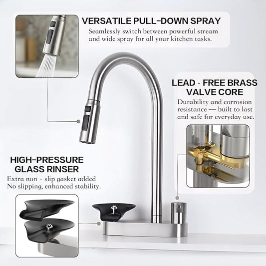 2-in-1 Kitchen Faucet with Pull Down Sprayer, 3 Spray Modes & Built-in Glass Rinser, Lead-Free Brass Single Handle, Brushed Nickel, Fits 1 or 3 Hole Sink, Suitable for Farmhouse Rv Bar