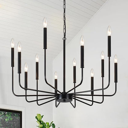Modern Farmhouse Chandelier 12 Lights Large Black Chandeliers for Dining Room Light Fixture Rustic Pendant Lighting Fixtures Ceiling Candle Chandeliers for Living Room Kitchen Foyer Bedroom Hallway