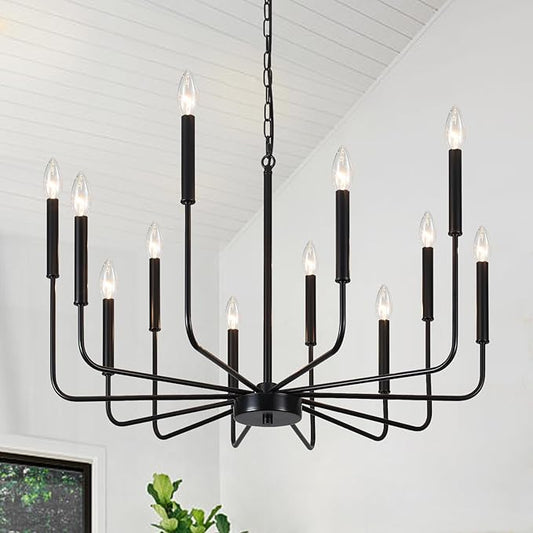 Modern Farmhouse Chandelier 12 Lights Large Black Chandeliers for Dining Room Light Fixture Rustic Pendant Lighting Fixtures Ceiling Candle Chandeliers for Living Room Kitchen Foyer Bedroom Hallway