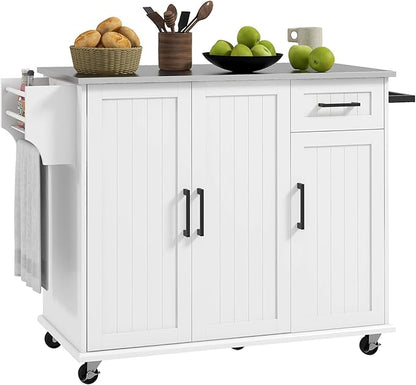 Kitchen Island with Storage, Rolling Kitchen Island on Wheels with Drawer, 3 Cabinets
