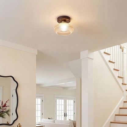 Retro Walnut Base Amber Fluted Glass Ceiling Light – Vintage Ribbed Glass Semi-Flush Mount Fixture with Metal Wood Base, E26 Base 10W Max, for Kitchen Island, Hallway, Bedroom