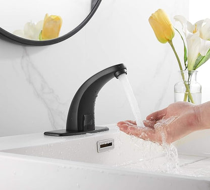 Touchless Bathroom Faucet Black Dual Powered Automatic Faucet Auto Sensor Motion for Bath Tub Lavatory Vanity Sink One Hole Handsfree Battery or Plug to Choose
