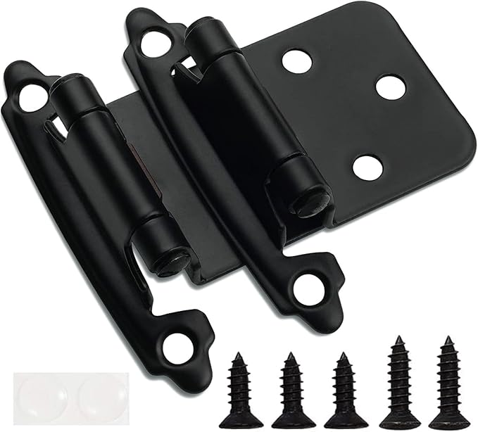 Decobasics 1/2" Overlay Matte Black Cabinet Hinges (10 Pair -20 Pcs) Self Closing Bath & Kitchen Cabinet Hinges Black Flush Mount w/Door Bumpers & Upgraded Screws