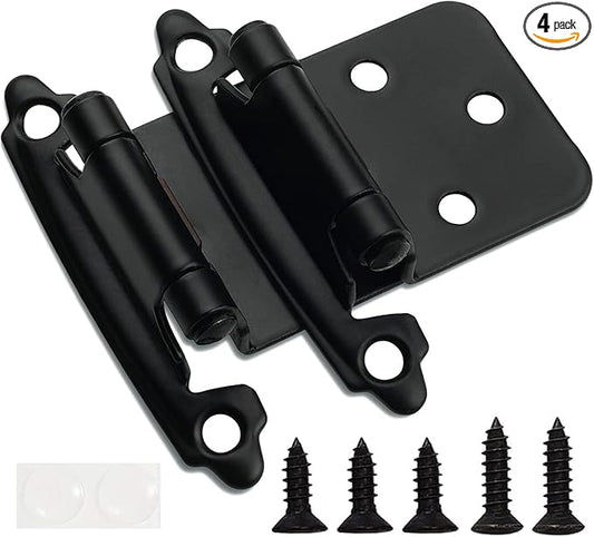 Decobasics 1/2" Overlay Matte Black Cabinet Hinges (2 Pair -4 Pcs) Self Closing Bath & Kitchen Cabinet Hinges Black Flush Mount w/Door Bumpers & Upgraded Screws