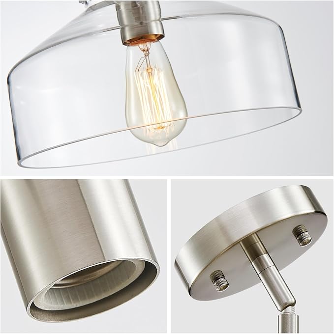 WUZUPS Chandelier Rustic Farmhouse Industrial Round Ceiling Pendant LED Light Fixture with Clear Glass Shades for Dining Room Kitchen Island Foyer Entryway, H 9.4" x W 10.6", E26 Base, Brushed Nickel