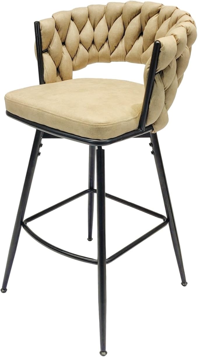 28" Technical Leather Woven Bar Stool Set of 2,Black Legs Barstools No Adjustable Kitchen Island Chairs,360 Swivel Bar Stools,for Living Room