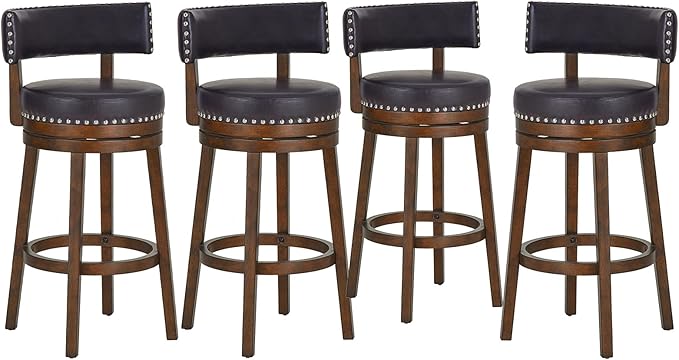 COLAMY Swivel Bar Stools Set of 4, 30 Inch Swivel Counter Height Stools, Modern Upholstered Wooden Barstools with Back for Kitchen Island Dining Room Bar, Dark Brown