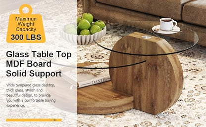 Glass Coffee Table, Modern Round Glass Coffee Table with Wooden Base, 3 Tier Round Coffee Table, Clear Cocktail Table with Storage for Living Room, Office, Balcony (42″ Wood)