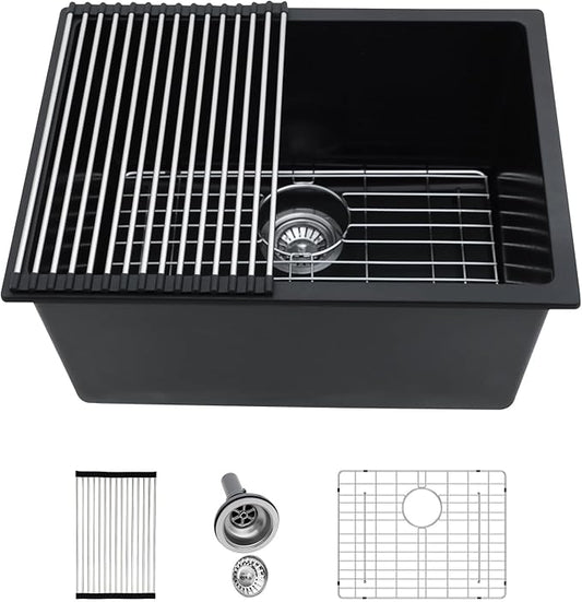 Kichae Deep Laundry Sink Undermount Black - 24"x18"x12" Composite Granite Quartz Undermount Laundry Utility Sink Single Bowl Sink Basin For Laundry Room